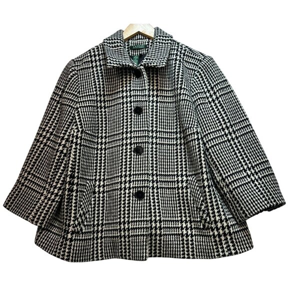 Lauren Ralph Lauren Women's Wool Coat Size 16W Black White Houndstooth Plaid - Picture 1 of 12